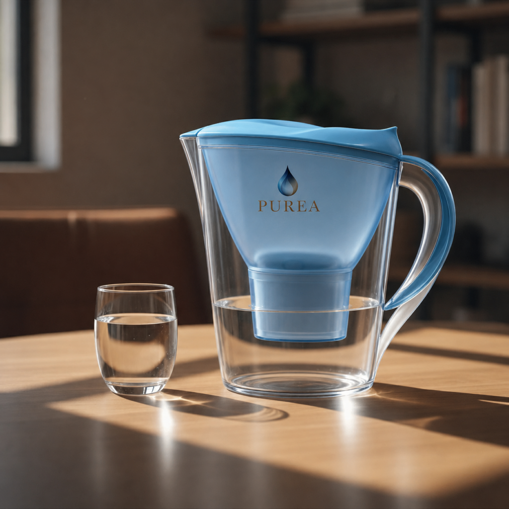 Blue and clear water pitcher with a blue lid and handle, labeled PUREA, on a wooden table beside a glass of water.