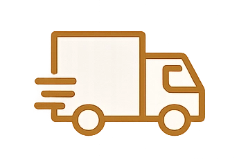 Cartoon delivery truck with a white cargo box and brown outline, moving to the right with speed lines.
